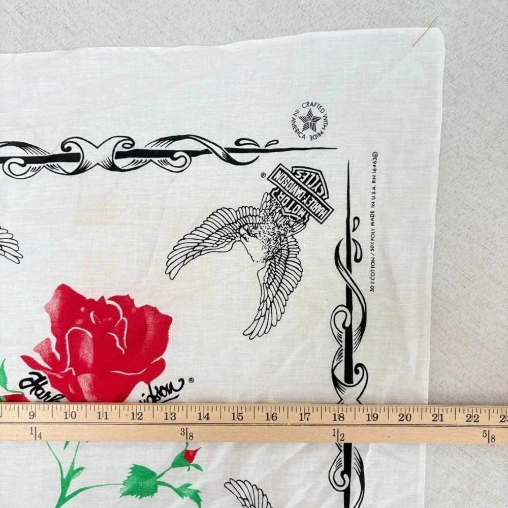 Vintage Official Harley-Davidson Rose Bandana Made In USA Eagles Black and White